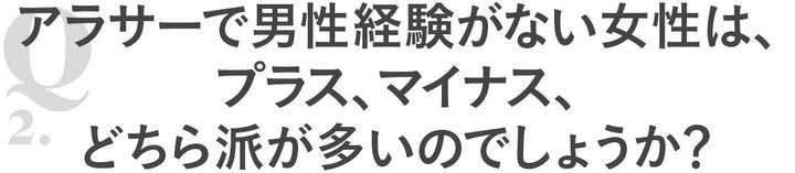 Q2アラサーで男性経験がない女性は、プラス、マイナス、どちら派が多いのでしょうか？