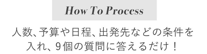 人数、予算や日程、出発先などの条件を入れ、9個の質問に答えるだけ！