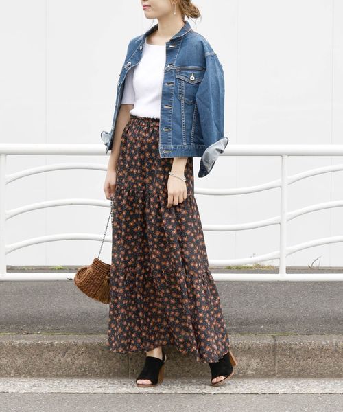 シップス 無く Khaju フラワー×ドット ティアードスカート 