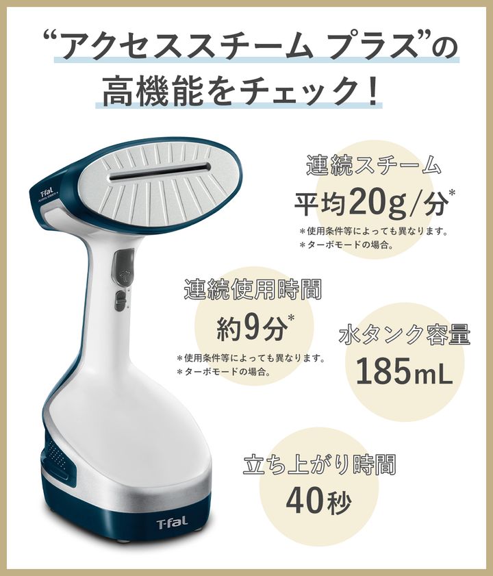 アクセススチーム プラスの高機能をチェック！ 連続スチーム 平均20g/分（使用条件等によっても異なります。ターボモードの場合）、連続使用時間 約9分（使用条件等によっても異なります。ターボモードの場合）、水タンク容量 185mL