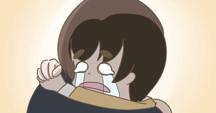 先生に抱きついて大号泣した息子（べっこうあめアマミさん作）