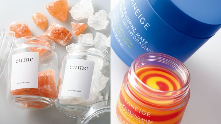 左：クォーツバスソルト。右；リップスリーピングマスク ピンクレモネード、ウォータースリーピングマスク