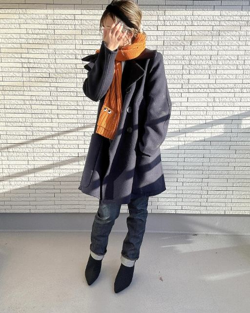 ヒートテックニットマフラーを着用したコーデ