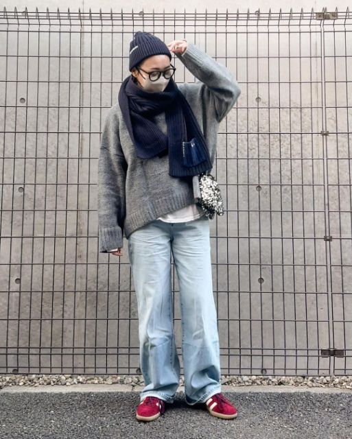 ヒートテックニットビーニーとヒートテックニットマフラーを着用したコーデ