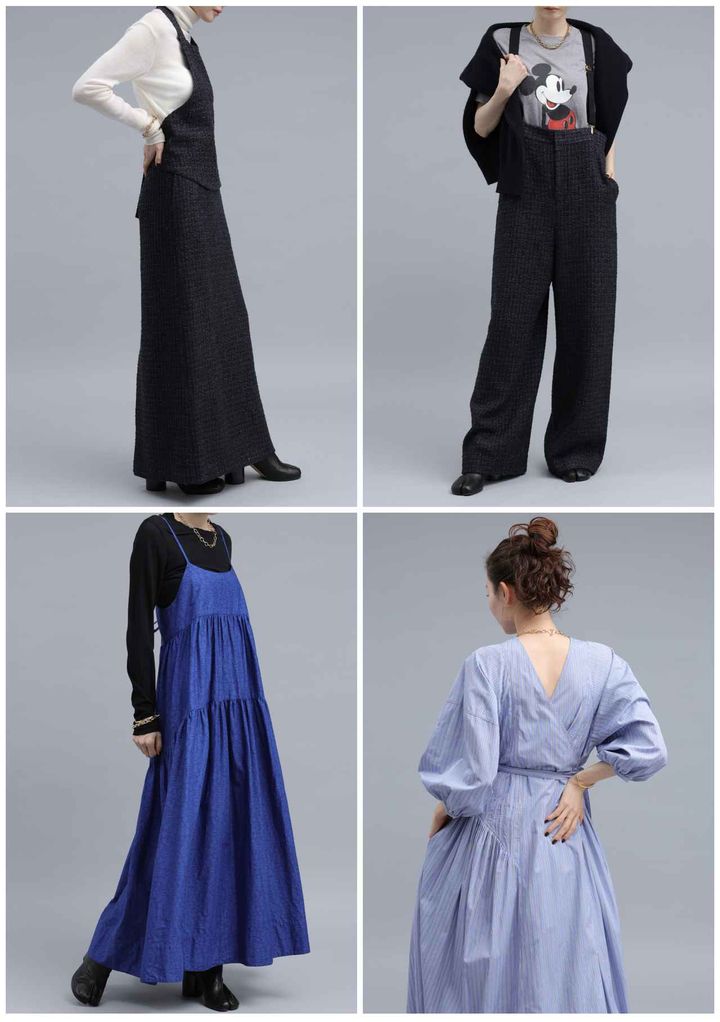 画像: 【Curensology】左上から時計回りに：ツィードカマーベスト¥30,800＆ツィードロングスカート¥35,200、ツィードパンツ¥36,300、2wayストライプドレス¥50,600、リバティティアードワンピース¥53,900 www.curensology.jp