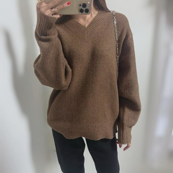 GUメンズのブラウンの「ブラッシュドヤーンVネックセーター(長袖)」