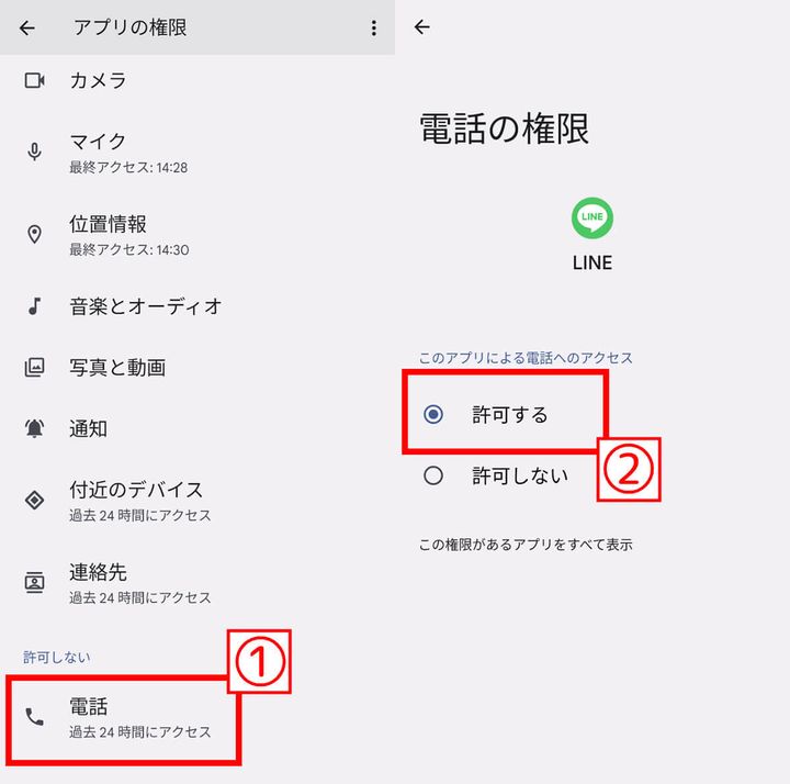 「電話の発信と管理を『LINE』に許可しますか？」2