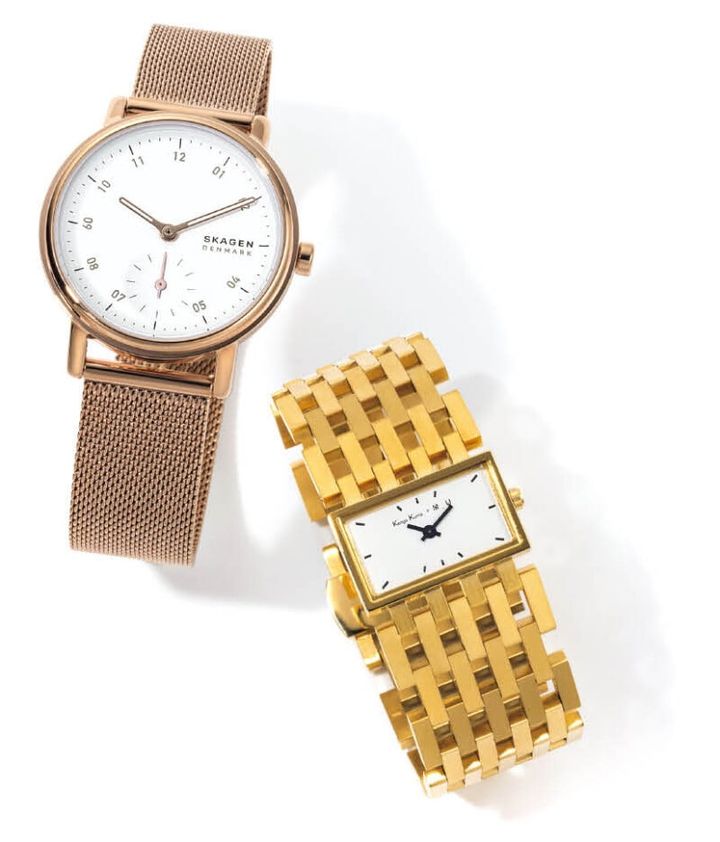 右：隈研吾氏の特徴的デザインをベルトに。￥58,300（ケンゴ クマ プラス マユ／ヴァンドームヤマダ） 左：大きめのフェイスがメリハリを演出。￥24,200（スカーゲン／フォッシルジャパン）