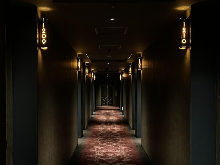 画像: 映画館のようなほの暗い廊下