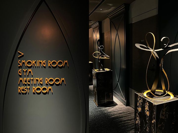 画像: （左）ホテル内の案内表示（右）ハリウッドスターをモチーフにしたオブジェ