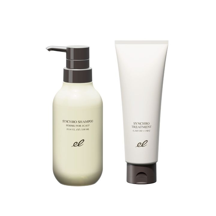 画像: （左から）エレクトロン シンクロシャンプー ファム FOR SCALP 300ｍL ¥2,970、同シンクロトリートメント 180g ¥2,200／エレクトロン（GMコーポレーション） 出典：エレクトロンオンラインショップ