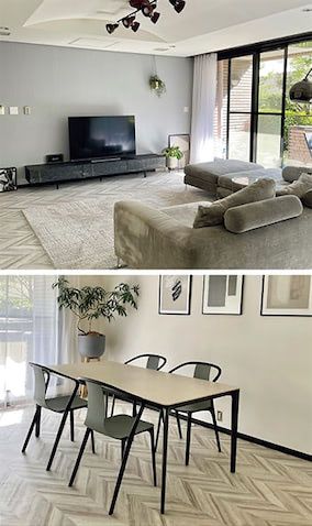 グレーを中心にモノトーン： 「人がリラックスする色がライトグレーという話を聞き、とり入れています。ただ、個人的にモノトーンが好きなので、グレーをメインにしつつも、ポスターや椅子などの細部で黒や白を補填。中間色がベースだからコントラストがつきすぎないのもいい」（小山田さん：スタイリスト）