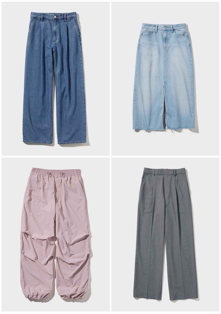 画像: 左上から時計回りに【UNIQLO】ドレープデニムタックパンツ¥3,990 ※2024年1月上旬発売予定、デニムロングスカート¥3,990、タックワイドパンツ¥3,990、パラシュートパンツ¥3,990 www.uniqlo.com