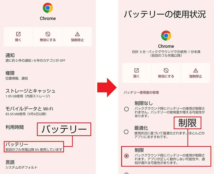 【1】Chromeのバッテリーの使用量を「制御」に変更する2