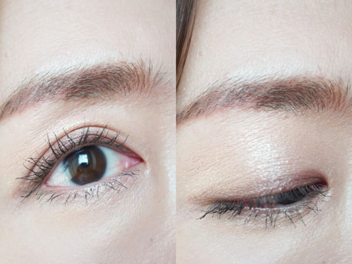 こちらは、「アイパレット 06クレールカーキ」でメイクをした状態です。2色のラメが放つ輝きと、やわらかなカーキベージュとニュアンスブラウンが折り重なり、ツヤと抜け感にあふれる目元に仕上がりました