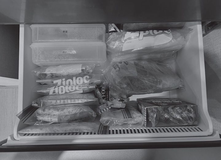 肉や魚などの食材は凍らせて立てて収納。