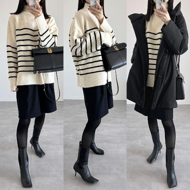 ボーダー柄ニットトップスと黒のハーフパンツの全身コーデ