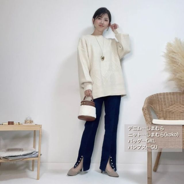 タテパールストレッチデニムを着用したコーデ