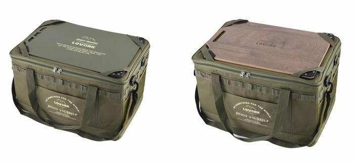 ROVORKのバッグをテーブルにしているところ