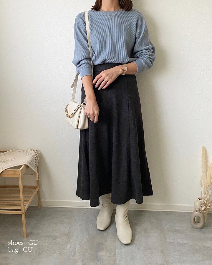 ブラッシュドリブフレアロングスカート(丈標準81.0～88.0cm)