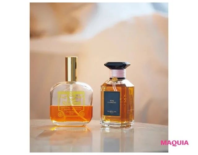 石井美保さんの最新愛用ボディケア＆インナーケア_フレグランス・ミスト_右 ゲラン ボワ ダルメニ_左 サンタ・マリア・ノヴェッラ オーデコロン ゴールドマスク