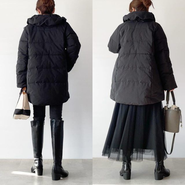 GU「チュールロングスカート」パンツスタイルとチュールスカートの女性