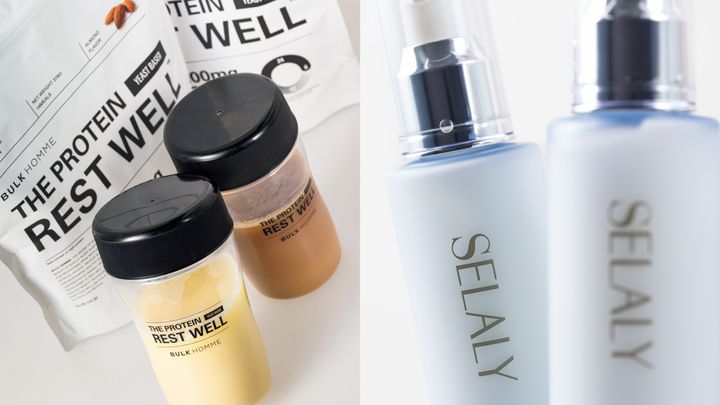 左 ザ プロテイン（アーモンド、チョコレート）各378ｇ 6,264円（バルクオムTEL：0120-315-869）、右 ルミヌ セラムエマルジョン 100㎖ 5,980円（SERENGATE TEL：050-5891-6186）