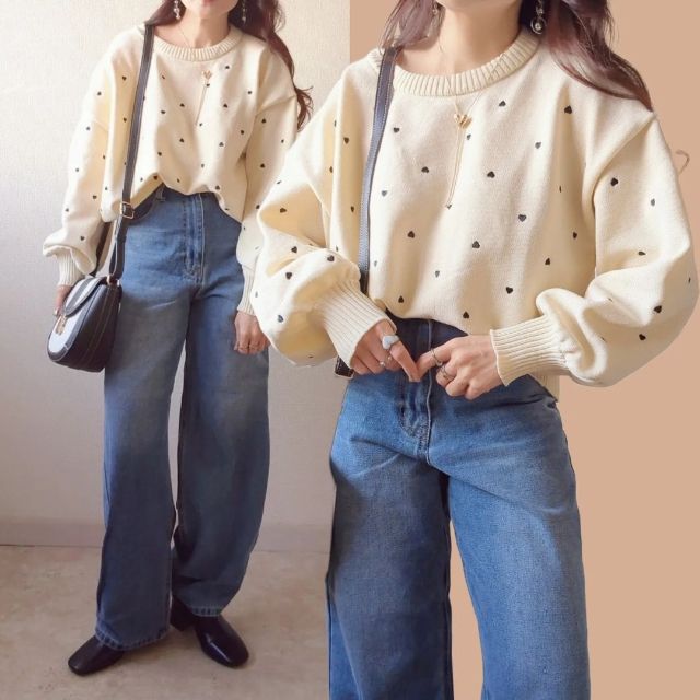白のエアポリハートシシュPOナカとデニムのコーデ