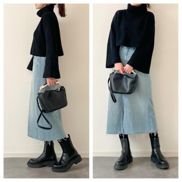 UNIQLO 「デニムロングスカート」黒トップスコーデの女性