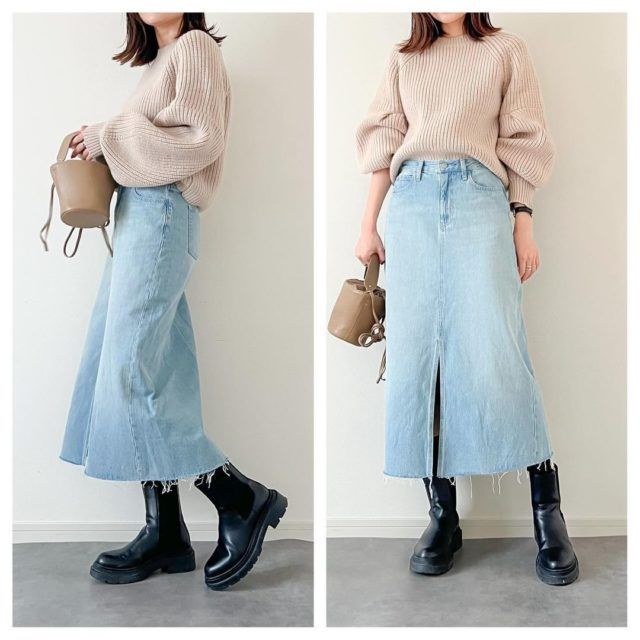 UNIQLO 「デニムロングスカート」トップス白コーデの女性