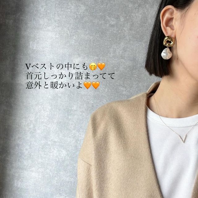 白のソフトリブクルーネックTとVネックベストを着用している