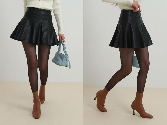 『パンツ裏地レザー調フレアミニスカート』