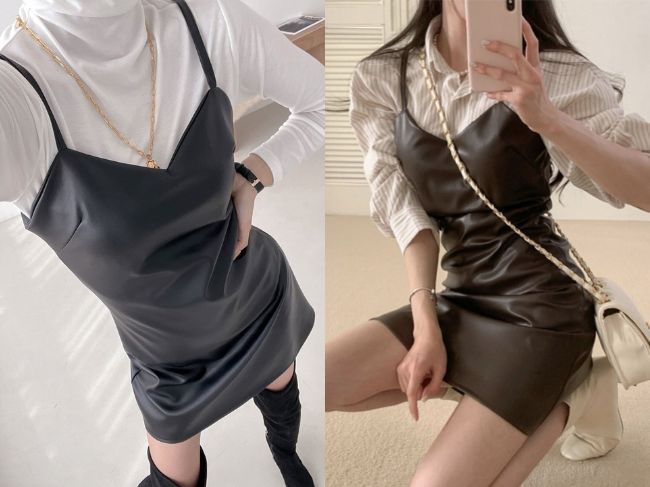 『レザー調ミニキャミワンピース』