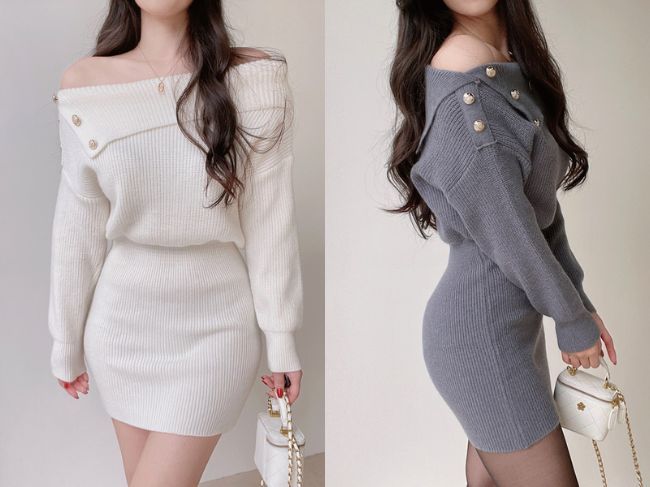 『ゴールドボタンオフショルニットワンピース』