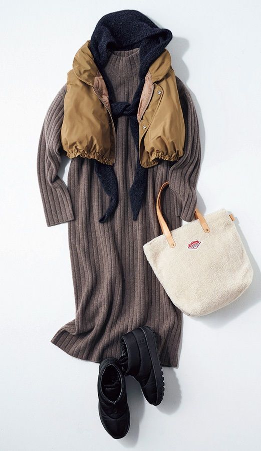 ストール、ベストを重ねて 寒暖調節しやすいワンピースの着こなし