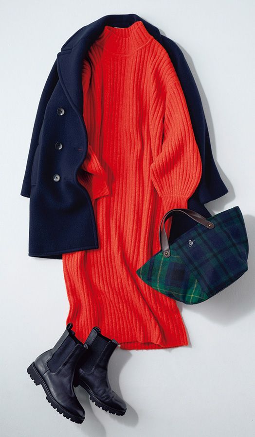 オレンジのワンピース 見た目でも防寒