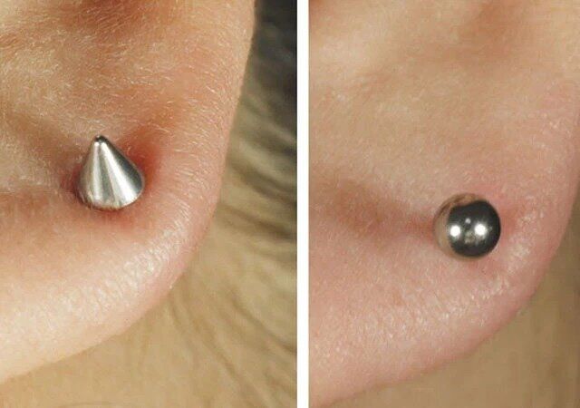 ダイソーのステンレス ストレート バーベルピアス 16G 6mm コーンタイプとステンレス ストレート バーベルピアス 14G 6mm＆8mmを着けた様子