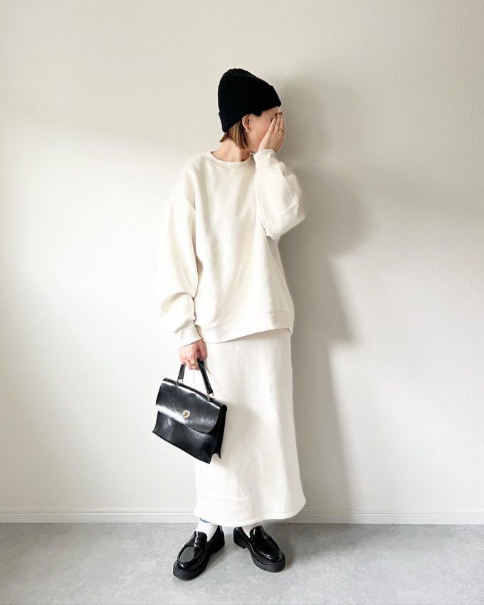 ヘビーウェイトスウェットオーバーサイズプルオーバー×GUのナチュラルの「ヘビーウェイトスウェットナローロングスカート」