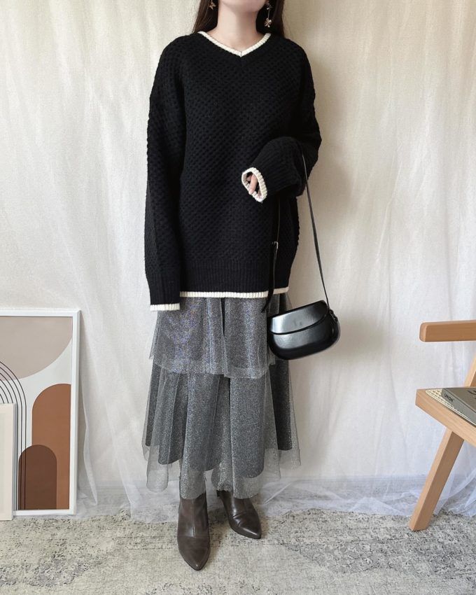 前後2WAYハニカムニットカーディガン×Availのグレーの「ラメチュールティアードスカート」