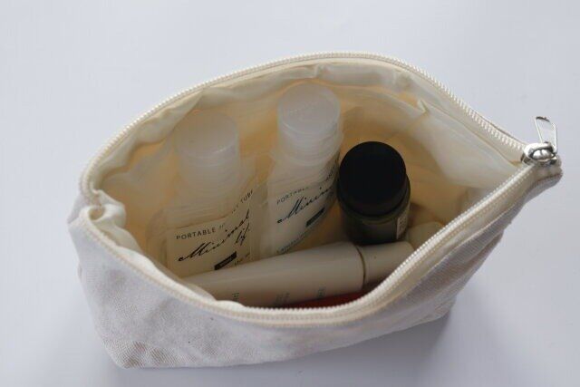 セリアの帆布風マチ付きポーチにコスメを入れた画像