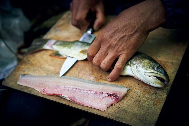 〈木屋〉のエーデルワイスで魚を捌く様子