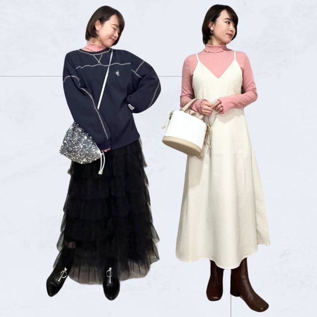 GUのピンクのソフトリブタートルネックTを着用したコーデ2体