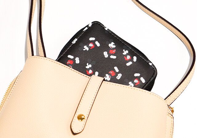 ミッキーマウスのミニ財布をバッグに収納している画像