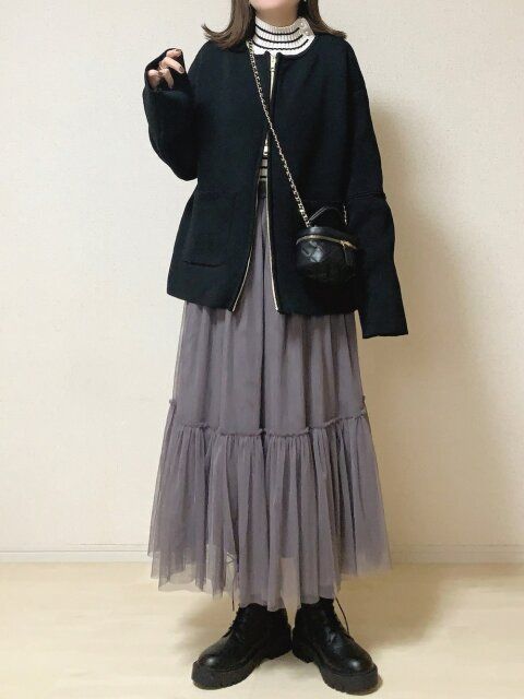 冬のチュールスカートコーデ