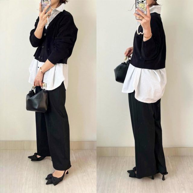 黒のウォッシャブルクロップドカーディガンとシャツの全身コーデ