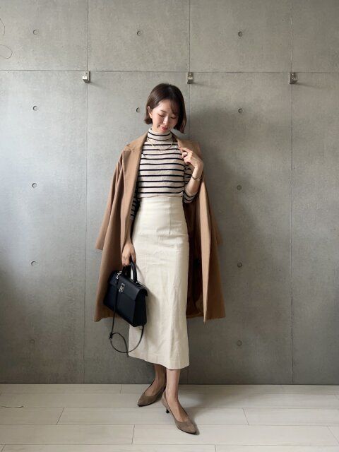 エクストラファインメリノリブタートルネックセーターのボーダーコーデ