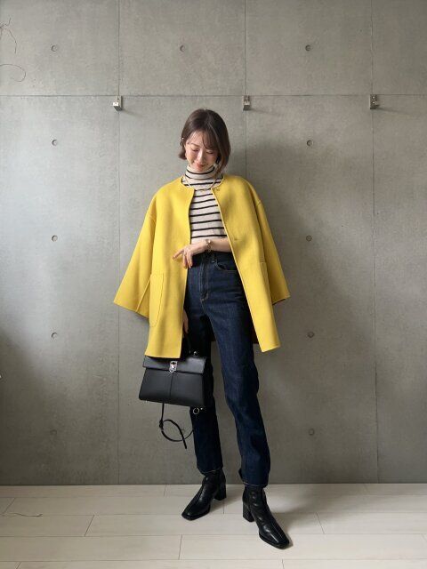 エクストラファインメリノリブタートルネックセーターのボーダーコーデ