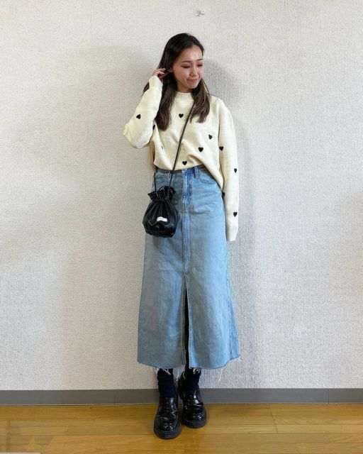 デニムロングスカート を着用したコーデ