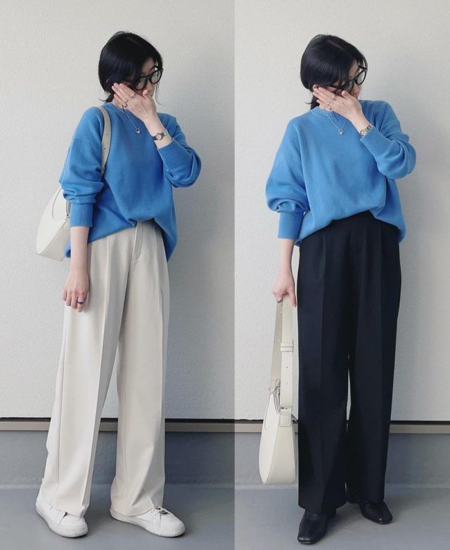 UNIQLO「スムースコットンセーター」ブルー着用女性ボトム別