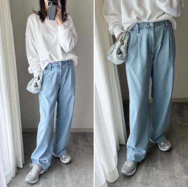 ドレープデニムタックパンツを着用したコーデ